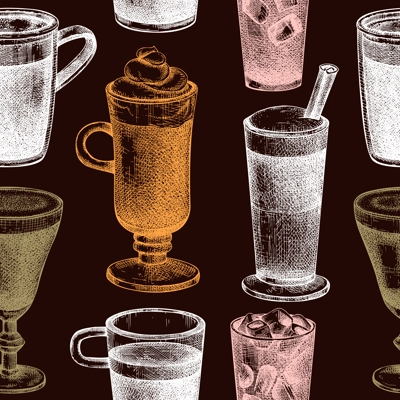 Hand-sketched coffee seamless pattern. Vector sketches of mugs with aromatic caffeine drinks background. Cappuccino, latte, americano, espresso in vintage style. Vector beverages backdrop